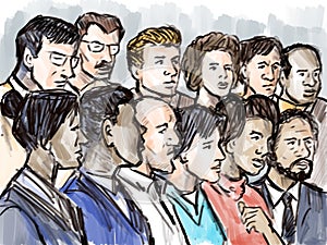 Courtroom Trial Sketch Showing a Jury of Twelve 12 Juror Inside Court of Law photo