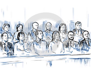 Courtroom Trial Sketch Showing a Jury of Twelve 12 Peers or Juror Inside Court of Law photo