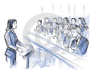 Courtroom Trial Sketch Showing Lawyer of Defendant Plaintiff Addressing Jury in Closing Argument Inside Court of Law