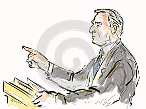 Courtroom Trial Sketch Showing Lawyer of Defendant Plaintiff Addressing Jury in Closing Argument Inside Court of Law photo