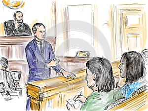 Courtroom Trial Sketch Showing Lawyer of Defendant or Plaintiff Addressing Jury Inside Court of Law