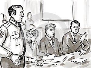 Courtroom Trial Sketch Showing Lawyer and Defendant or Plaintiff with Bailiff Inside Court of Law Drawing