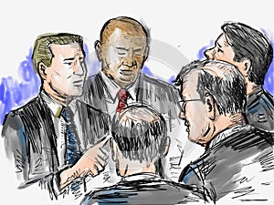 Courtroom Trial Sketch Showing Lawyer and Defendant or Plaintiff Deliberating Inside Court of Law Drawing photo