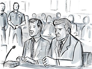 Courtroom Trial Sketch Showing Lawyer and Defendant or Plaintiff Inside Court of Law Drawing