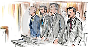 Courtroom Trial Sketch Showing Lawyer and Defendant or Plaintiff Standing Inside Court of Law Drawing photo