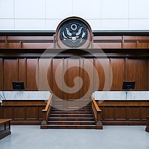 A courtroom with wooden benches and a vintage clock on the wall Ai Generated