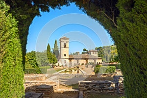 Courtyard of Alhambra palace. Granada, Andalusia, Spain