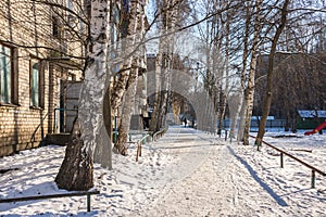 The courtyard of apartment buildings in winter, entrance, birch