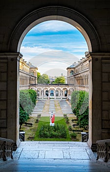 Courtyard artistic view of the hotel Dieu in Paris near Notre-Dame