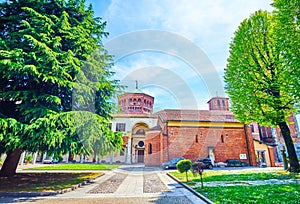 The courtyard of Basilica of Sant\'Ambrogio complex with ancient churches, Milan, Italy