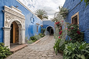 Courtyard with Blue Wall in Colonial Style