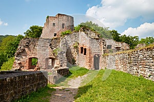 Courtyard of the castle ruins Hardenburg from the 13th century under blue sky