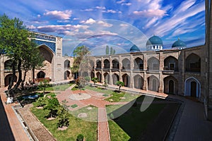 courtyard with cells of ancient Uzbek islamic Kukeldash madrasah in Tashkent in Uzbekistan. Old medieval Islamic