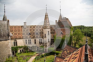 Courtyard of Chateau De La Rochepot from above