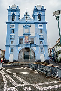 Courtyard of the church of mercy called Alfândega, with cobblestone and iron benches in Angra do Heroísmo, Terceira - Azores PT