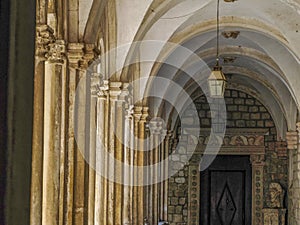 Courtyard and cloisters of Franciscan Monastery in the old town of Dubrovnik in Croatia