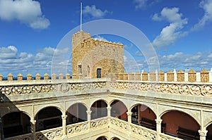 Courtyard and donjon of the Castillo de Luna -Castle of Moon-, now Town Hall of Rota, province of Cadiz, Spain.