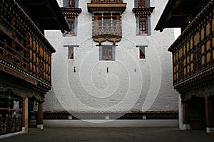 The courtyard of the dzong of Paro, Bhutan, is deserted