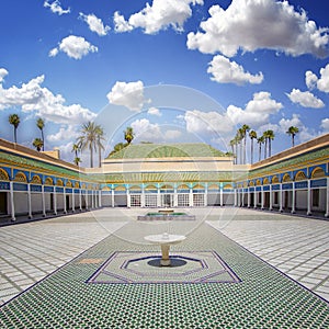 Courtyard at El Bahia Palace, Marrakech, Morocco. In the middle are small white fountains