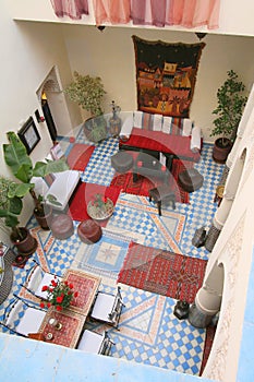 Courtyard and furnishings in Moroccan riad