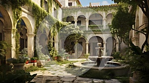 Courtyard and gardens of a Mediterranean style coastal house with the use of lush greenery and fragrant flowers in tranquil oases