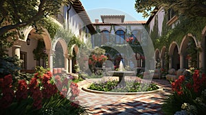 Courtyard and gardens of a Mediterranean style coastal house with the use of lush greenery and fragrant flowers in tranquil oases