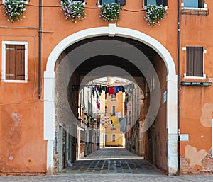 Courtyard with laundry cloths to dry outside in Venice