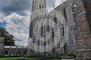 In a courtyard looking at the exterior of Duke University Chapel, on the campus in Durham, North Carolina