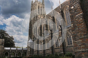 In a courtyard looking at the exterior of Duke University Chapel, an iconic landmark on the campus in Durham, North Carolina