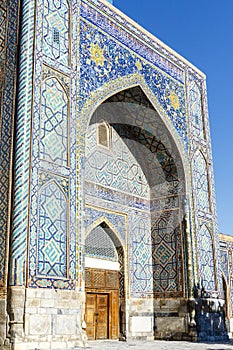 Courtyard of Madrasah Ttilla-kari Tilya Kori on Registan square in Samarkand, Uzbekistan