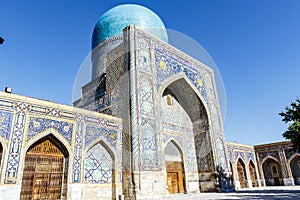 Courtyard of Madrasah Ttilla-kari Tilya Kori on Registan square in Samarkand, Uzbekistan