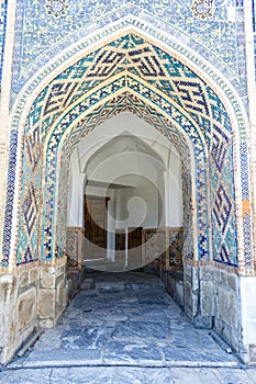 Courtyard of Madrasah Ttilla-kari Tilya Kori on Registan square in Samarkand, Uzbekistan