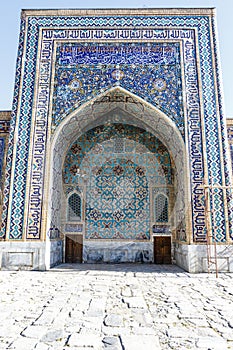 Courtyard of Madrasah Ttilla-kari Tilya Kori on Registan square in Samarkand, Uzbekistan