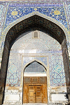 Courtyard of Madrasah Ttilla-kari Tilya Kori on Registan square in Samarkand, Uzbekistan