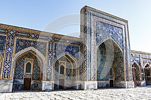 Courtyard of Madrasah Ttilla-kari Tilya Kori on Registan square in Samarkand, Uzbekistan