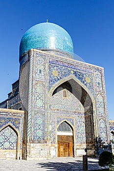 Courtyard of Madrasah Ttilla-kari Tilya Kori on Registan square in Samarkand, Uzbekistan