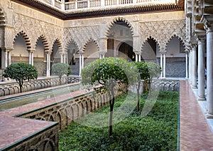 The Courtyard of the Maidens in the Real Alcazar in Seville, Andalusia, Spain.