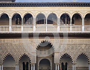 The Courtyard of the Maidens in the Real Alcazar in Seville, Andalusia, Spain.