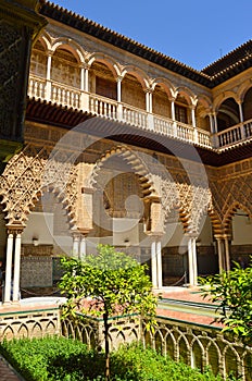 Courtyard of the Maidens in the Reales Alcazares in Seville, Andalusia, Spain.