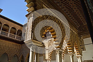 Courtyard of the Maidens in the Reales Alcazares in Seville, Andalusia, Spain.