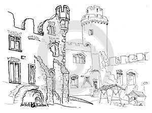 Courtyard medieval castle hand drawn