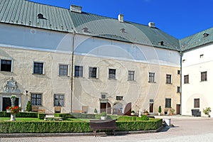 Courtyard of medieval Cerveny Kamen Red Stown Castle near Casta village, Slovakia