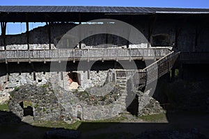 Courtyard of a medieval Raseborg castle on a rock in Finland