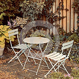 Courtyard metal chairs and table in a serene, peaceful, lush, private backyard at home in autumn. Patio furniture set in