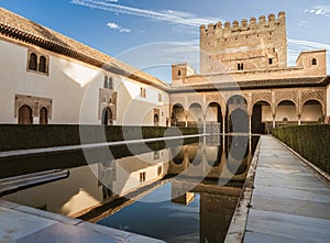 The Courtyard of the Myrtles (Patio de los Arrayanes) in La Alhambra, Granada, Andalusia Spain