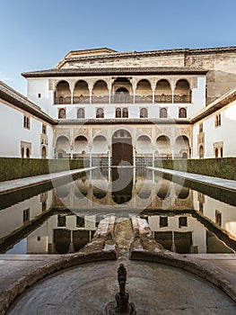 The Courtyard of the Myrtles (Patio de los Arrayanes) in La Alhambra, Granada, Andalusia Spain