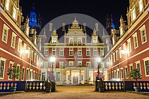 The courtyard of the New Castle in the park Muskauer at night