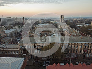 The courtyard between the Odessa Soviet built apartment blocks evening day.