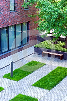 The courtyard of an office building. Modern architecture of public space