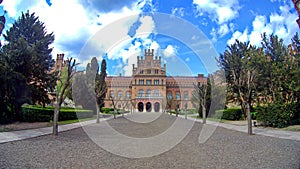 Courtyard with old buildings. curve panorama view